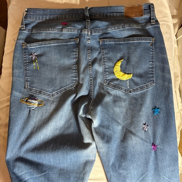 MADEWELL Cali Demi Boot Hand Embroidered Hippie Peace Sign Jeans Upcycled Sz 31 - Picture 9 of 16